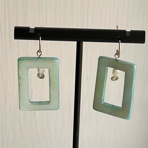 Blue rectangular, acrylic frame earrings with faux pearl.